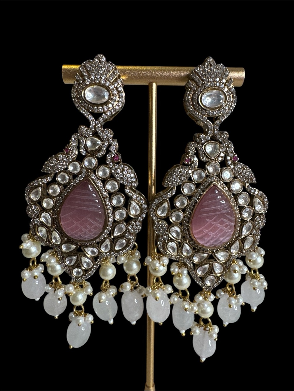 Elegant Pink and White Crystal Chandbali Earrings